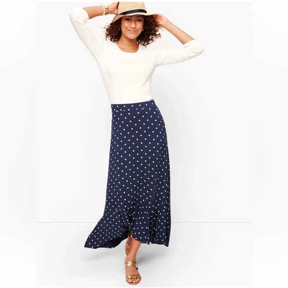 Talbots Dresses & Skirts - Talbots polkadot flounce hem maxi skirt navy blue flowy beachy peitie small